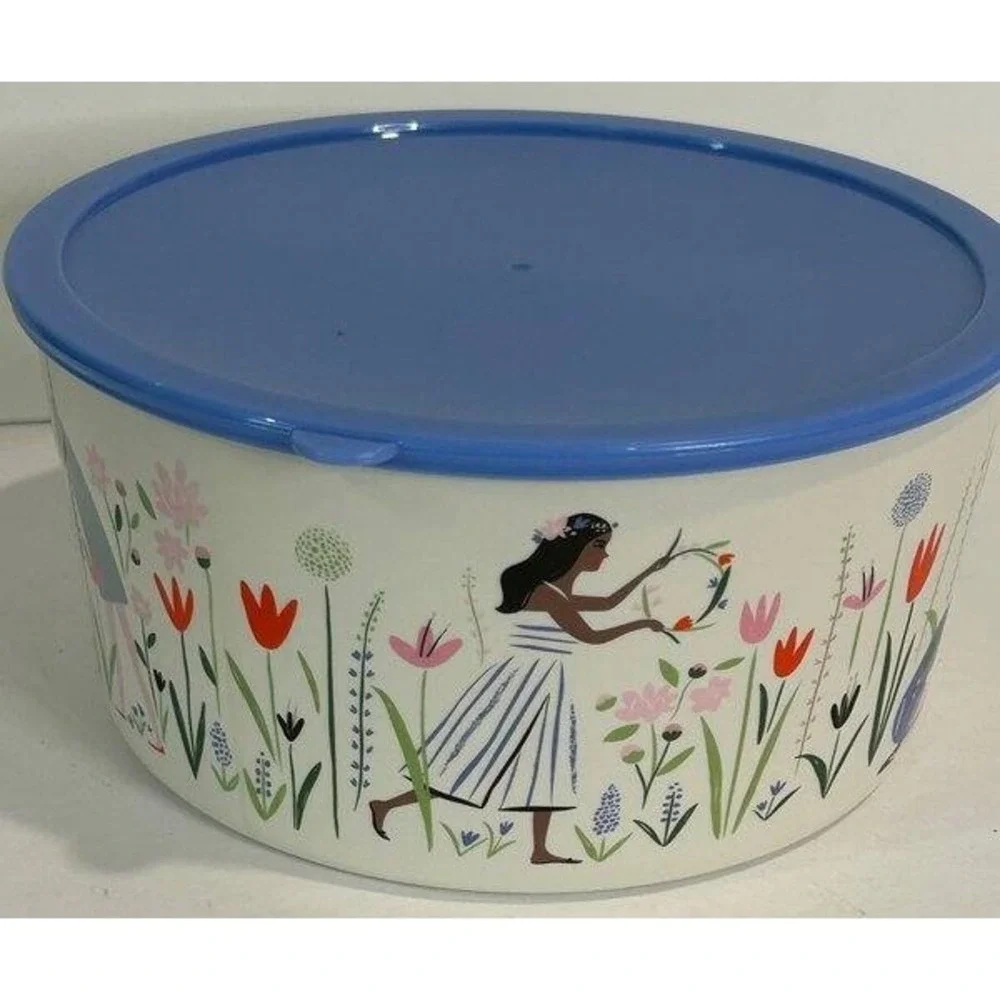 Libby VanderPloeg Anthropologie Melamine Bowl Blue Lid Floral Garden